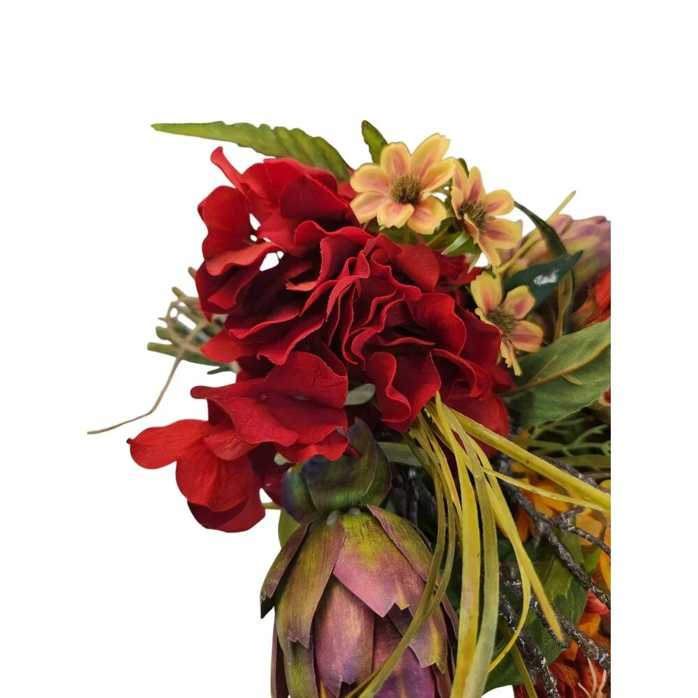 Artificial Floral Arrangement Bouquet - Fall Colors Red Yellow & Textured Accent